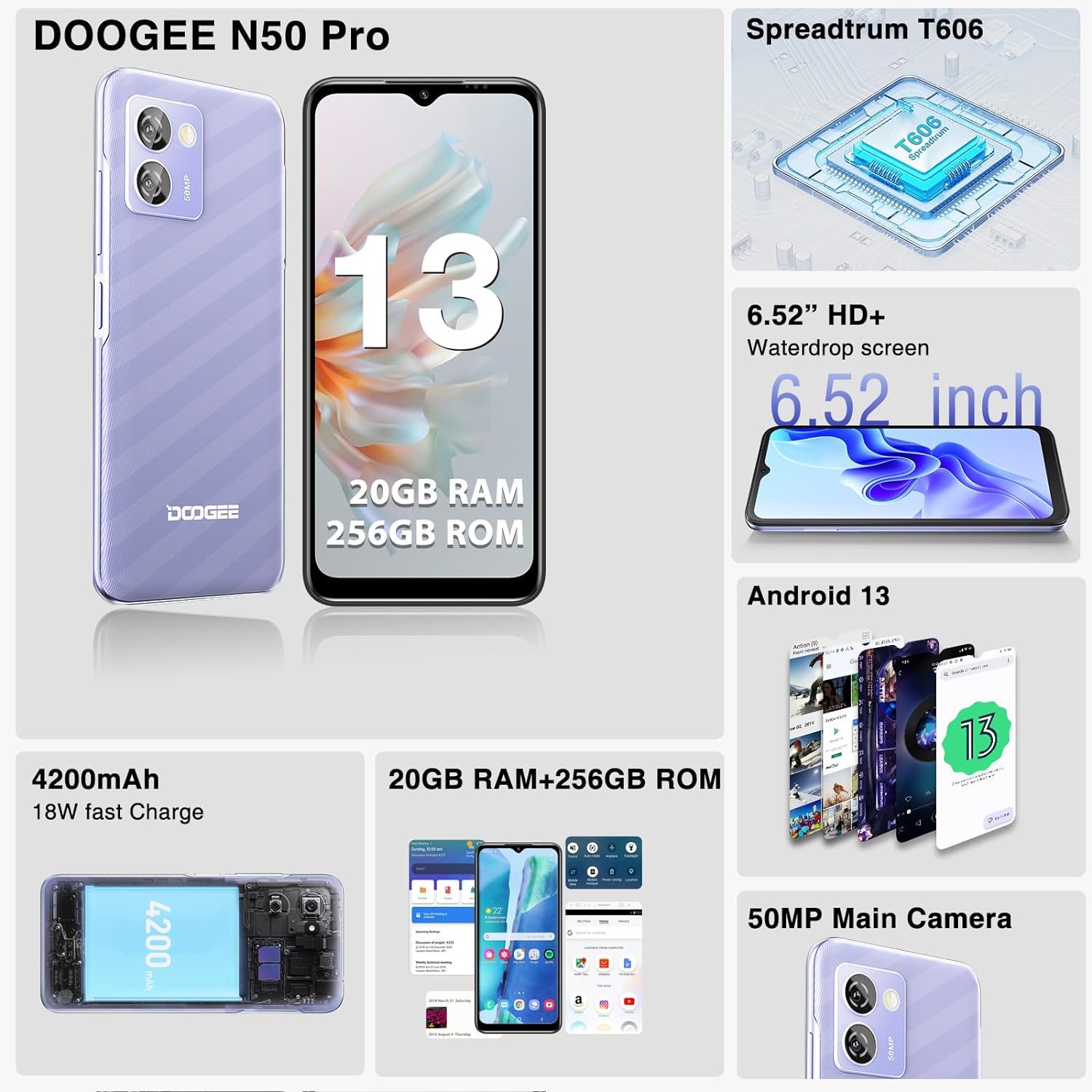 DOOGEE N50 Pro Mobile Phones, 20GB RAM + 256GB ROM/1TB TF Smartphone Android 13, Octa Core, 6.52 DOOGEE N50 Pro Mobile Phones, 20GB RAM + 256GB ROM/1TB TF Smartphone Android 13, Octa Core, 6.52
